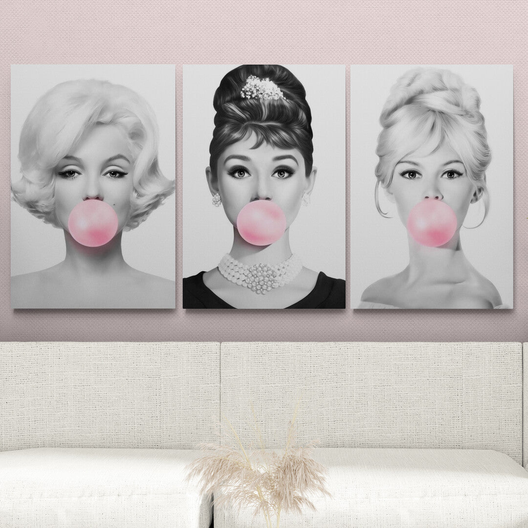 Set de 3 Cuadros - Audrey Hepburn, Marilyn Monroe, & Brigitte Bubble Gum Rosa