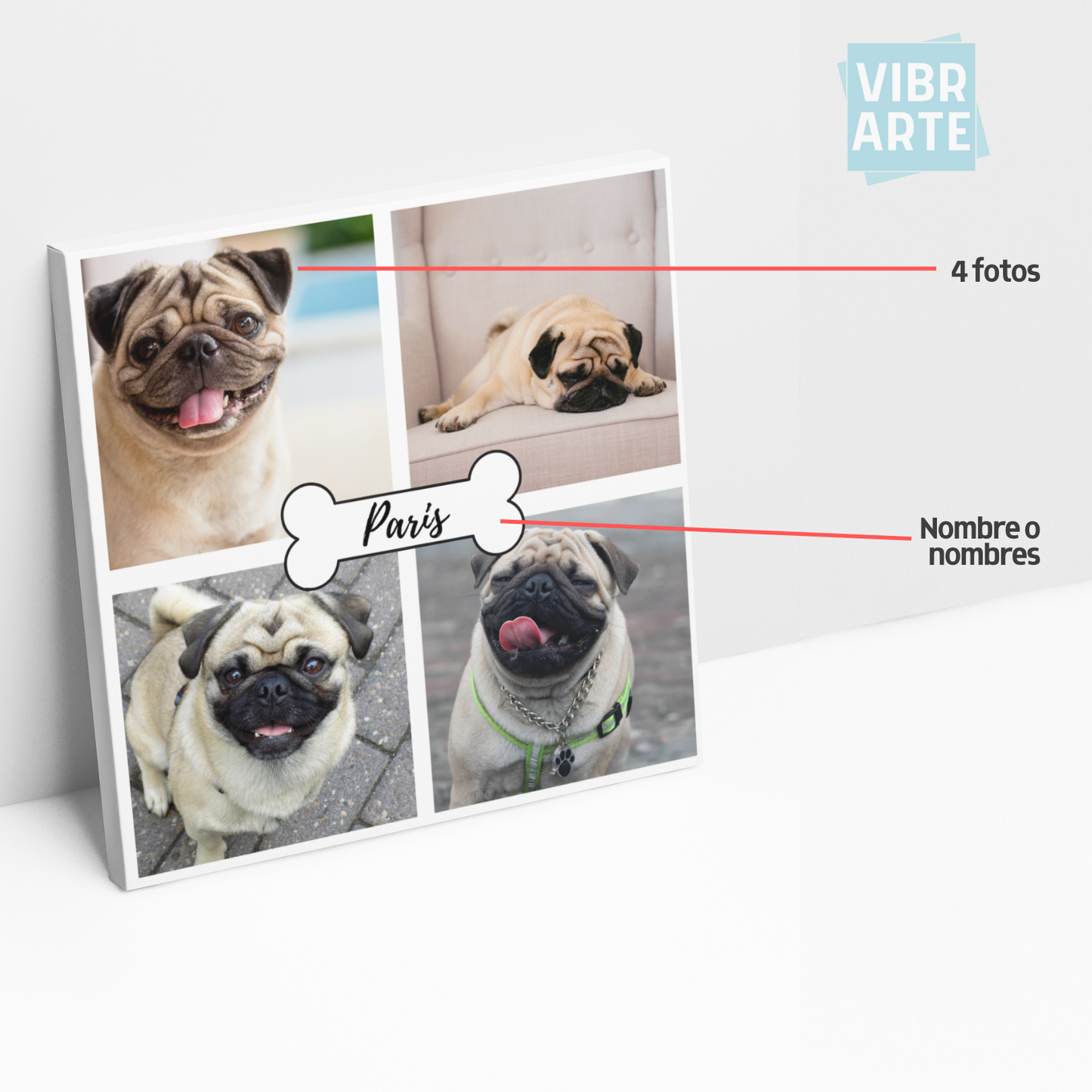 Cuadro Personalizado Collage con Fotografías y Nombre en Hueso (Cuadrado)