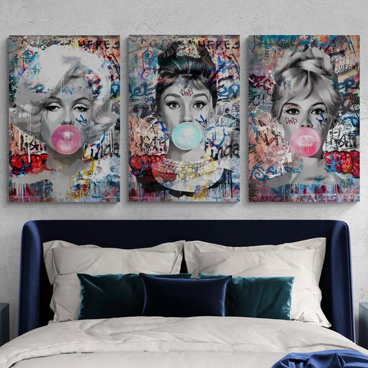 Set de 3 Cuadros - Brigitte, Marilyn Monroe & Audrey Hepburn Bubble Gum Graffiti