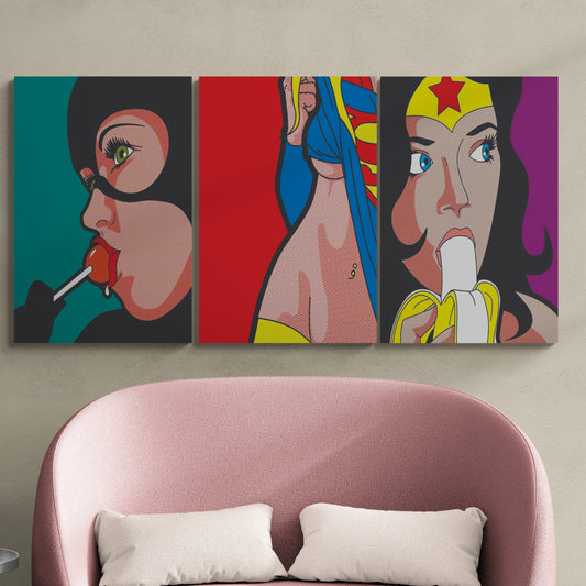 Set de 3 Cuadros - Super Girl Cat Woman & Wonder Woman - Pop Art