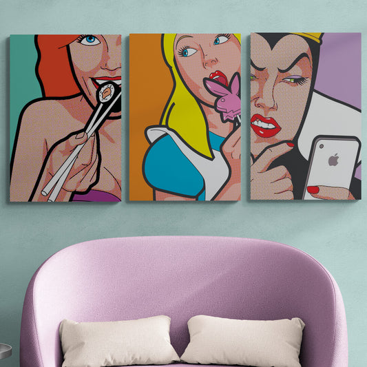 Set de 3 Cuadros - Alicia Reina Malvada y la Sirenita - Pop Art