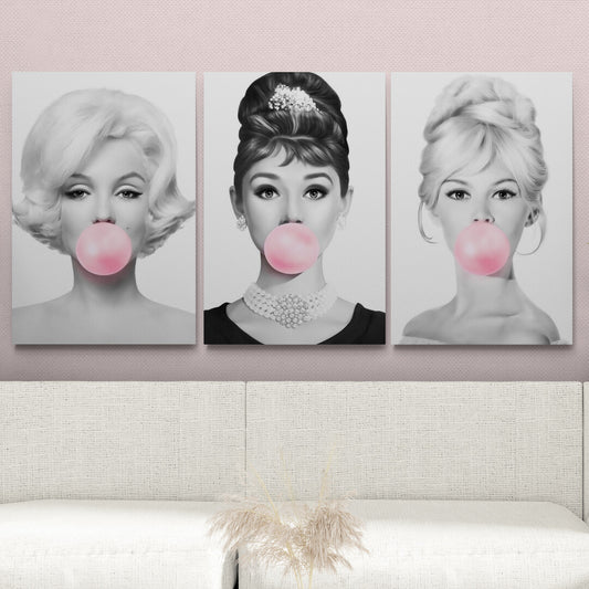Set de 3 Cuadros - Audrey Hepburn, Marilyn Monroe, & Brigitte Bubble Gum Rosa