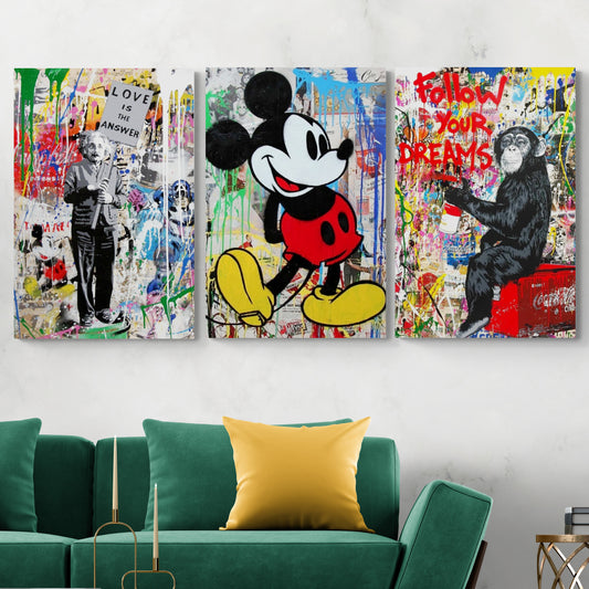 Set de 3 Cuadros - Einstein Mickey & Monkey - Mr Brainwash
